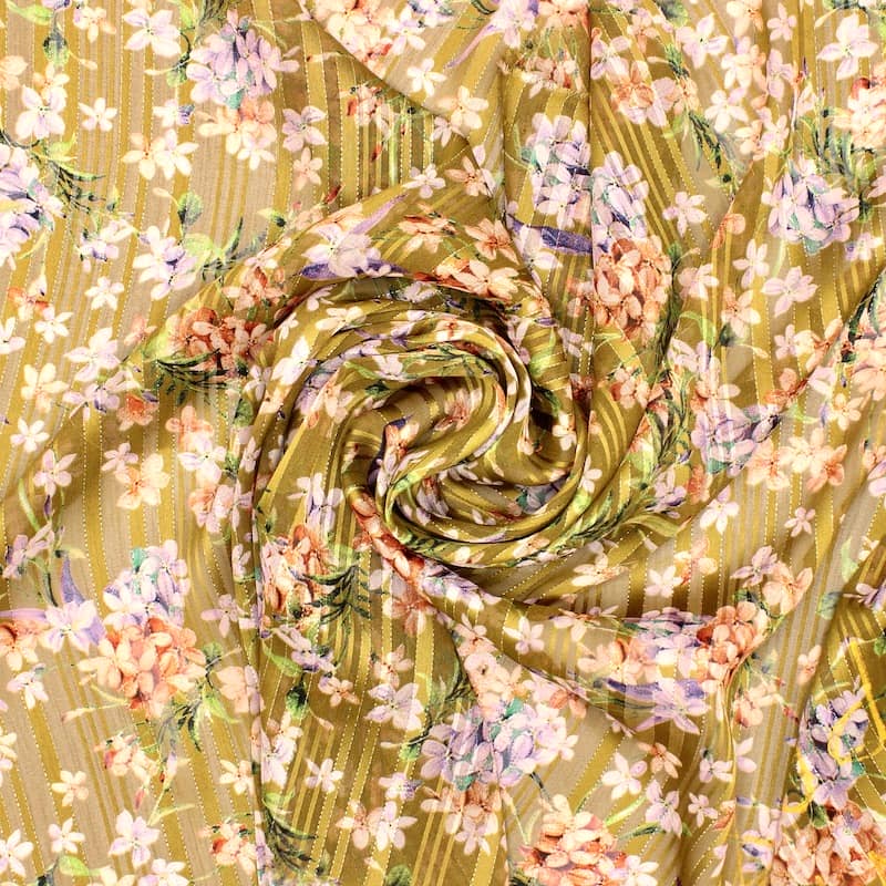 Veil fabric with flowers, satin stripes and golden thread - khaki