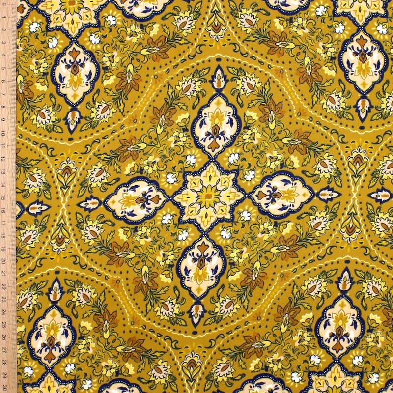 Satin fabric with flowers - mustard