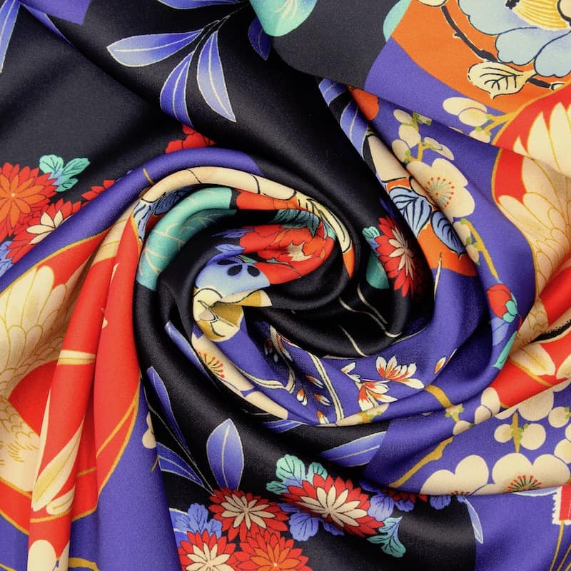 Extensible satin fabric with japanese flowers - multicolor 