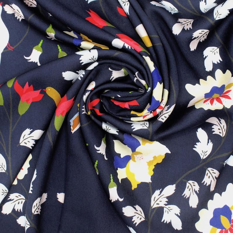 Viscose satin fabric with flowers - navy blue 