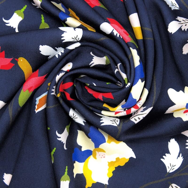 Viscose satin fabric with flowers - navy blue 