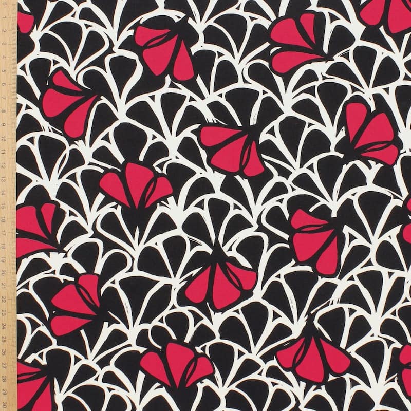 Tissu polyester imprimé - noir fleur magenta