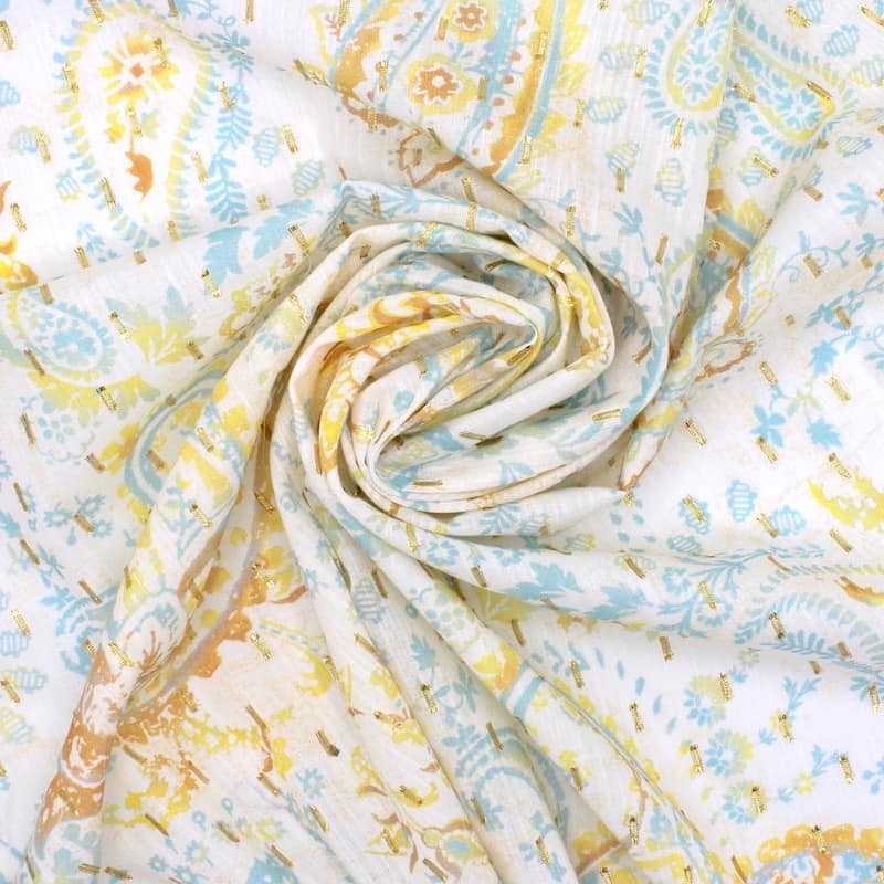 Tissu coton floral fil doré - blanc