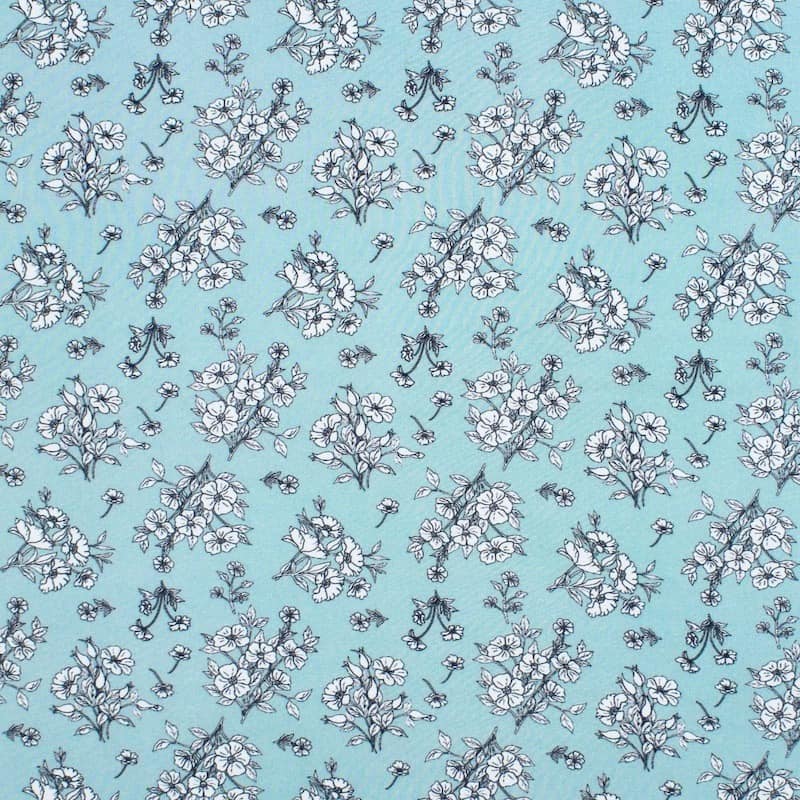 Viscose fabric with flowers - aquamarine