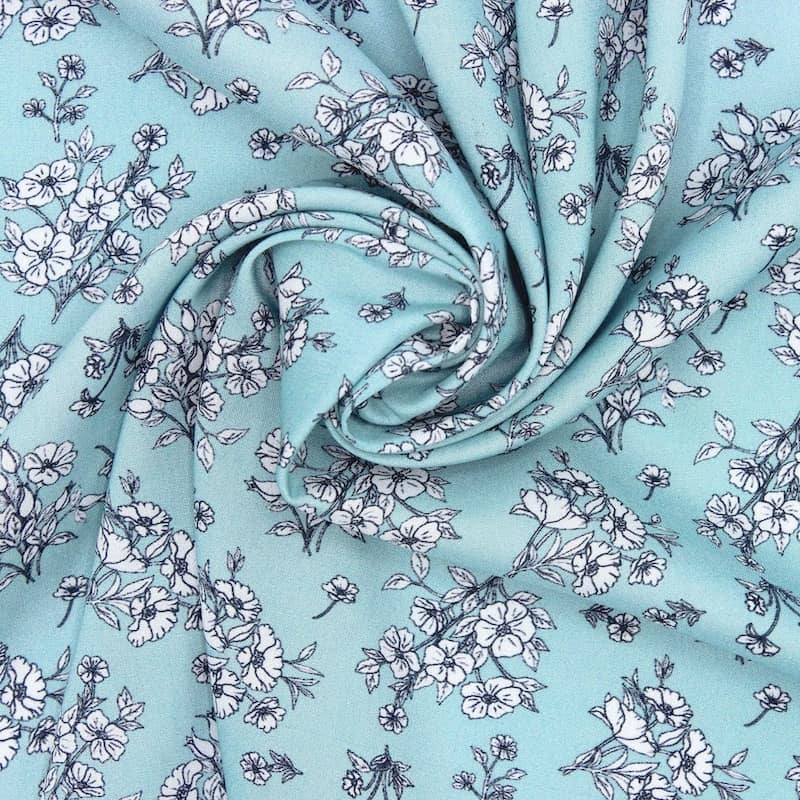 Viscose fabric with flowers - aquamarine