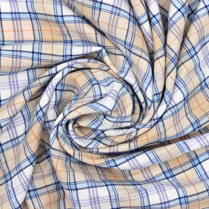 Checkered fabric in cotton and polyester - beige and sky blue 