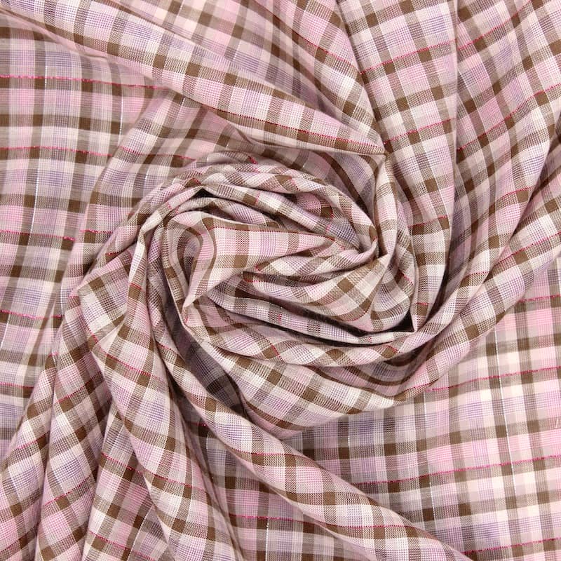 Checkered cotton veil with lurex thread - brown and pink 