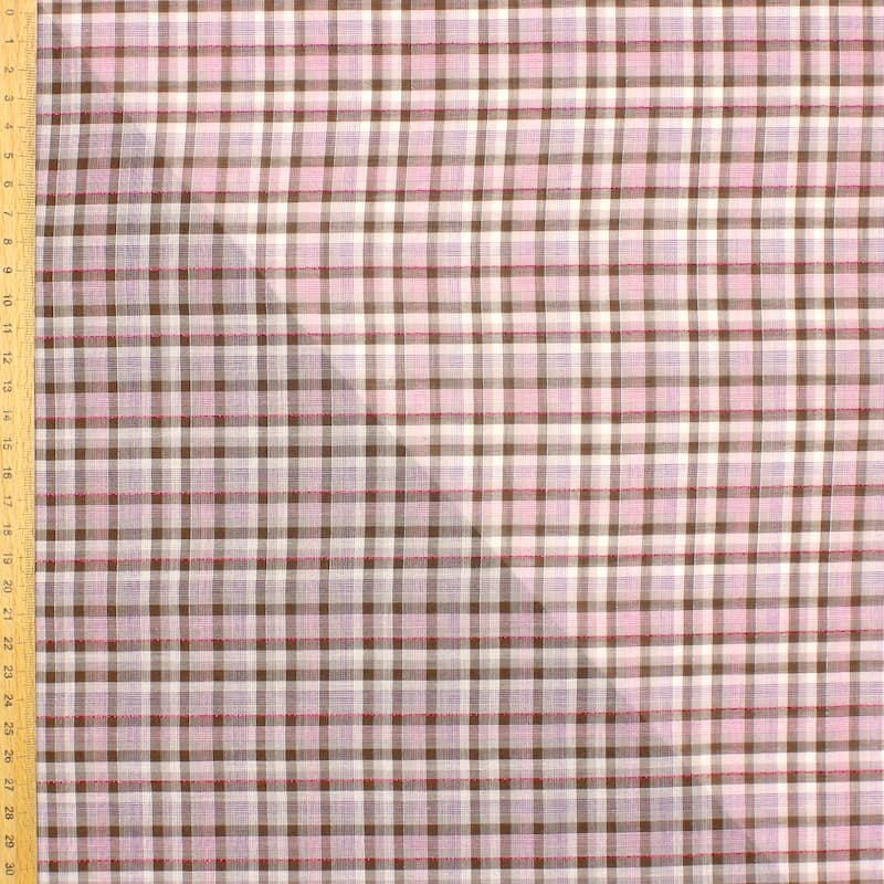 Voile coton carreaux fil lurex - brun et rose