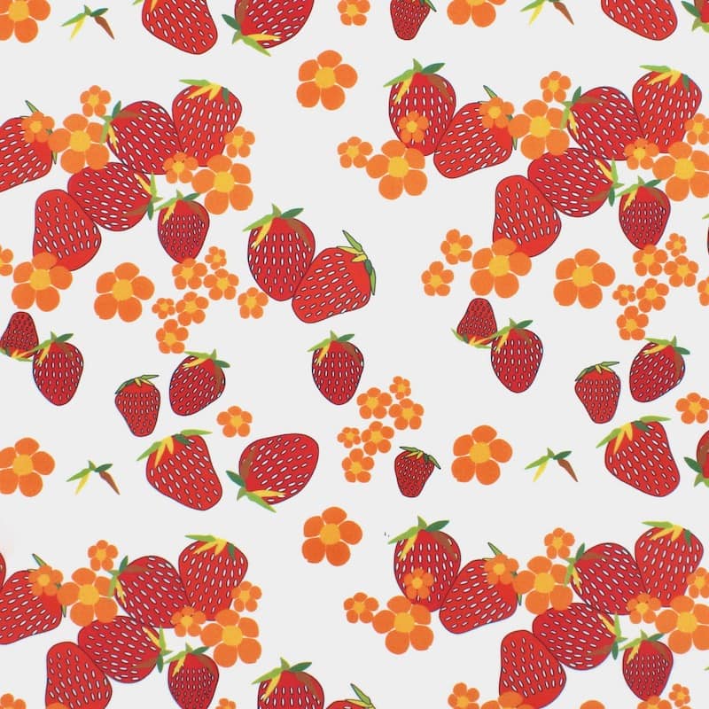 Cotton poplin with strawberries - white and orange