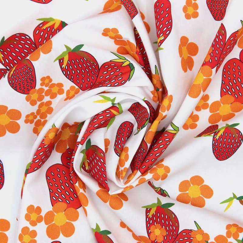 Cotton poplin with strawberries - white and orange