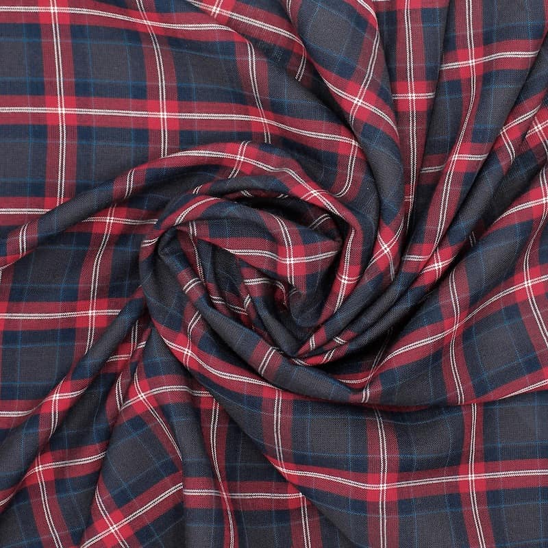 Checkered fabric 100% viscose - navy blue and red 