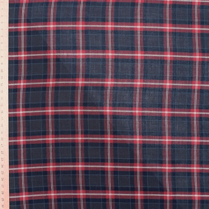 Checkered fabric 100% viscose - navy blue and red 
