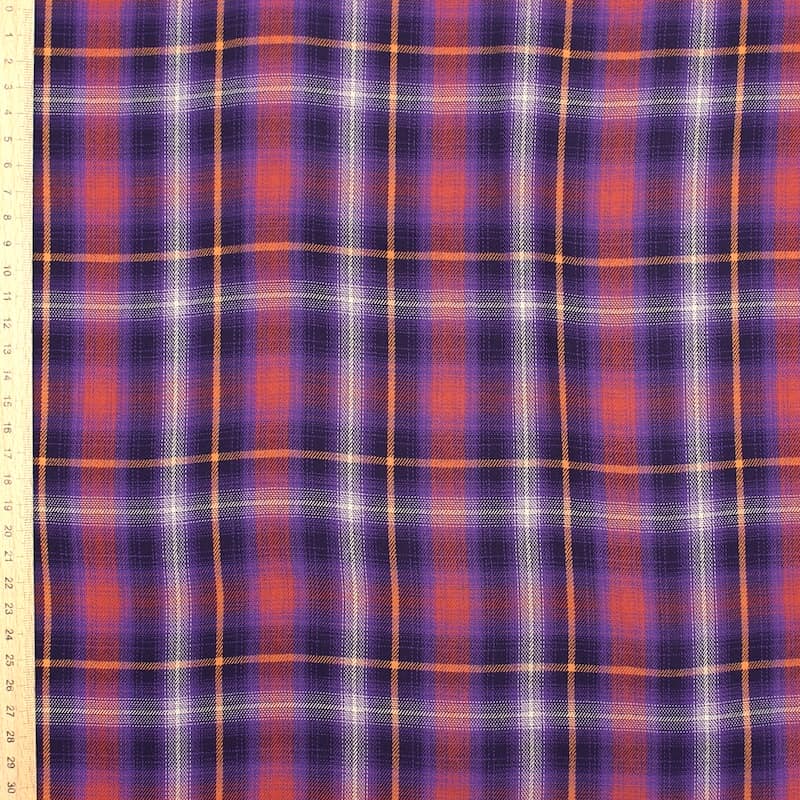 Checkered 100% viscose fabric - purple and rust-colored