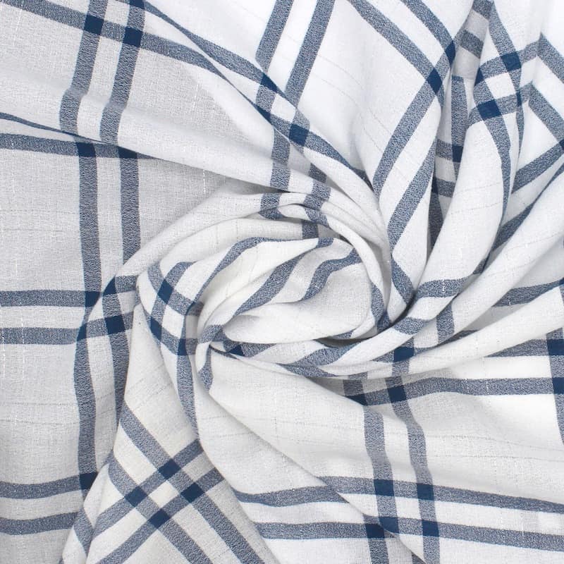 Checkered cotton with silver thread - white and blue