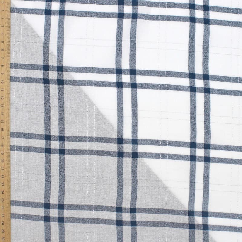 Tissu coton carreaux fil argenté - blanc et bleu