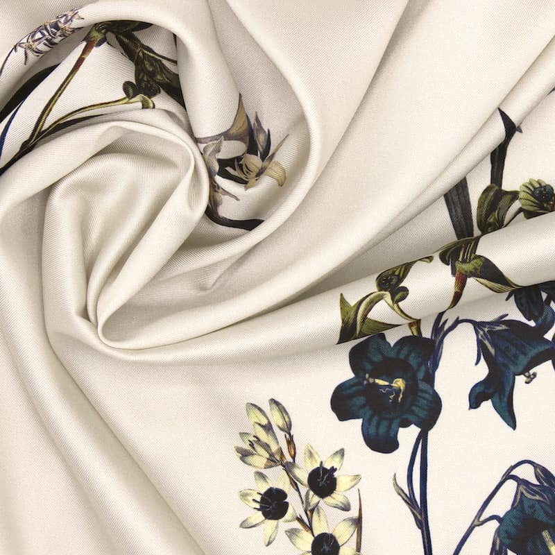 Satin twill fabric with flowers - beige