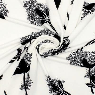 Gebreide stof met bloemen - zwart / wit 
