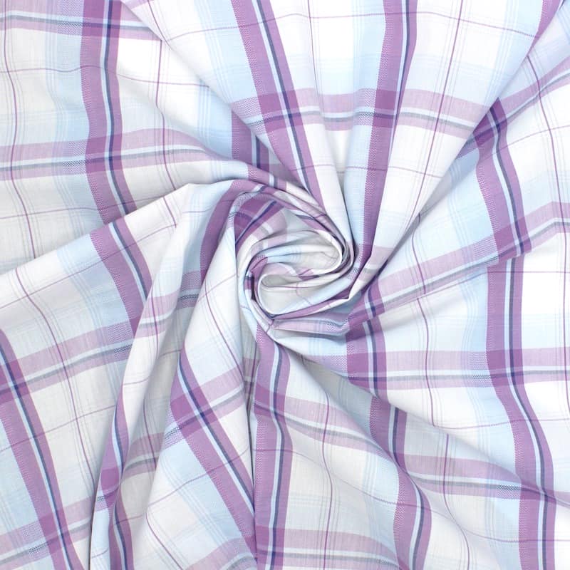 Tissu coton carreaux - ciel, violet et blanc
