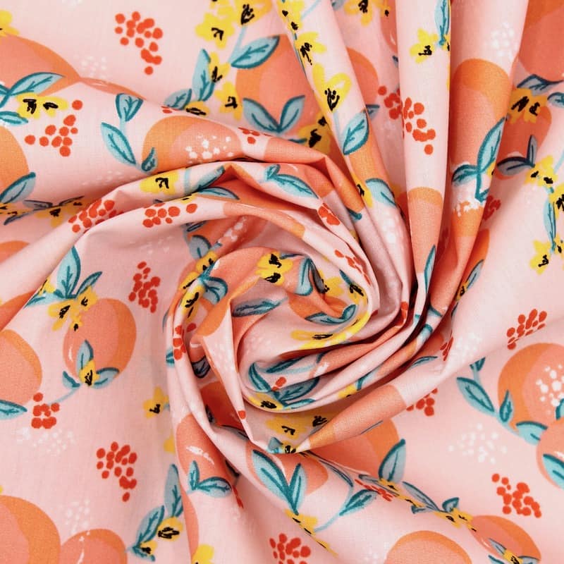 100% cotton with flowers and fruits - salmon-colored 