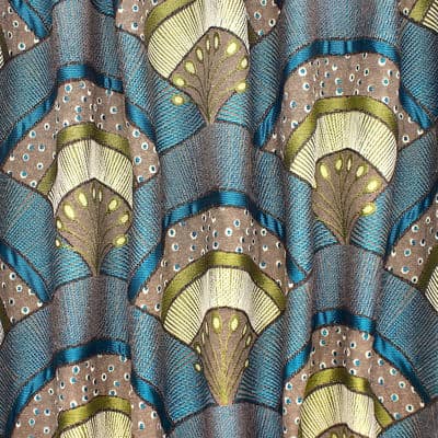 Fabric in polyester and cotton with graphic print - blue / taupe 