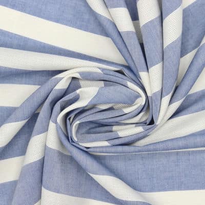 Tissu viscose et coton rayures - bleu et blanc cassé