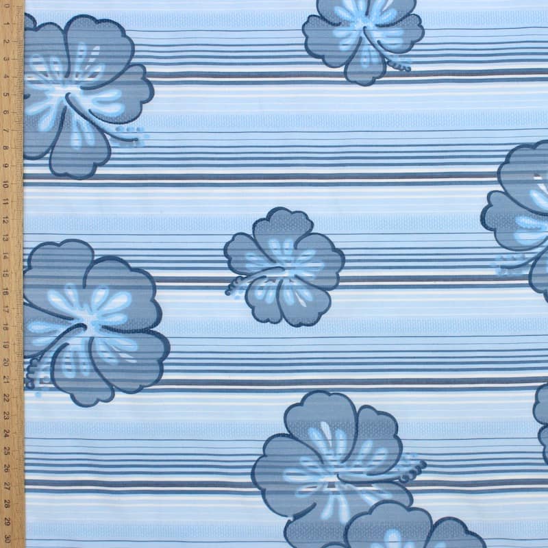 Tissu coton et polyester rayures et fleurs - bleu