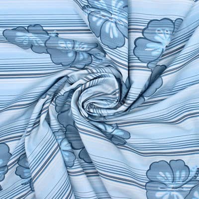Stof in katoen en polyester met strepen en bloemen - blauw