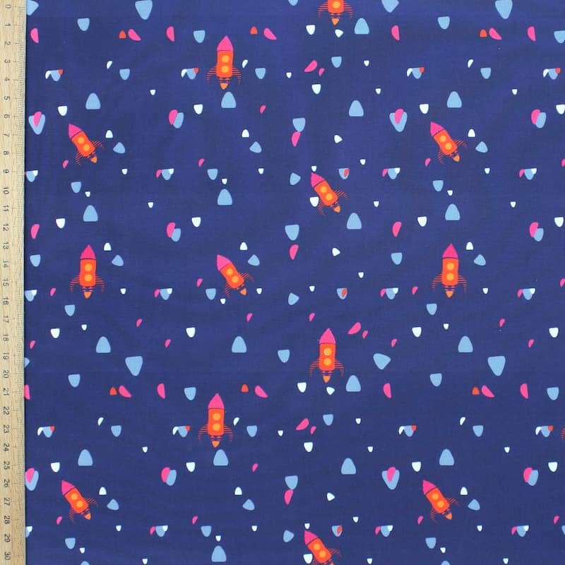 Cotton poplin fabric with rockets - navy blue