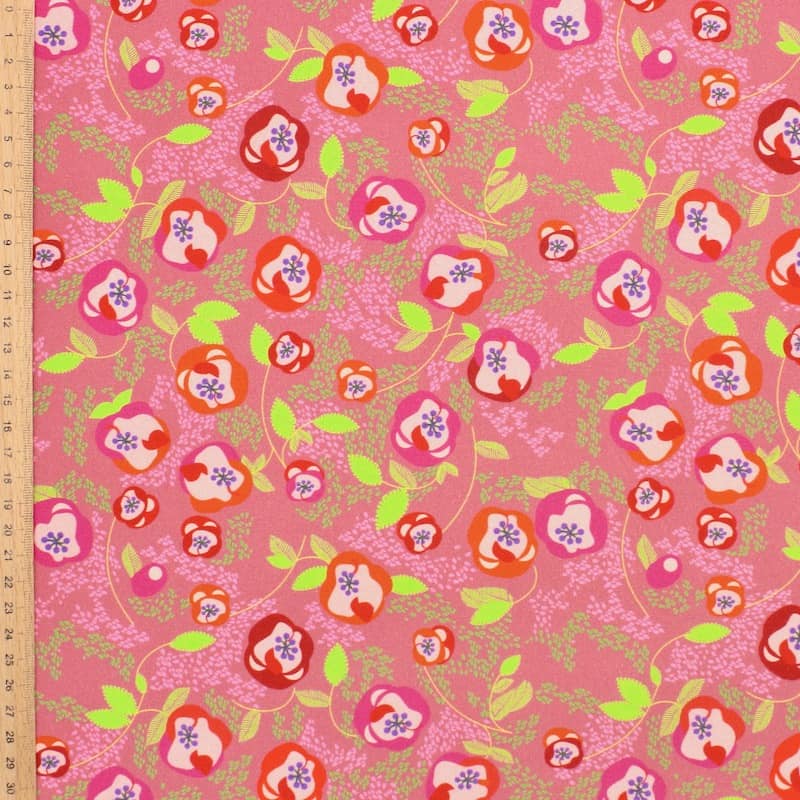 Cotton poplin fabric with flowers - broom pink 