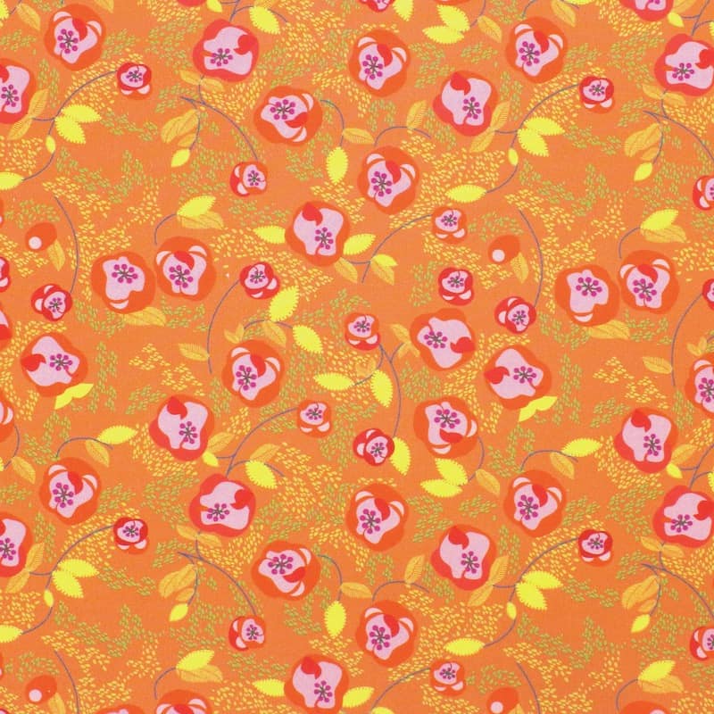 Katoen popeline met bloemen - verbrand oranje 