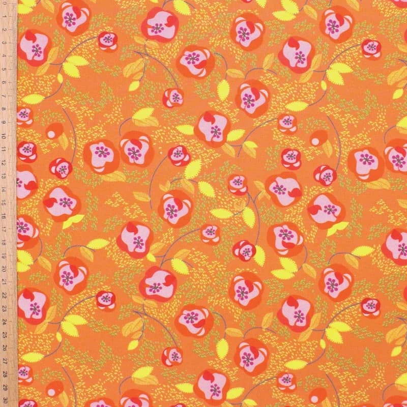Popeline coton fleuris - orange brûlée