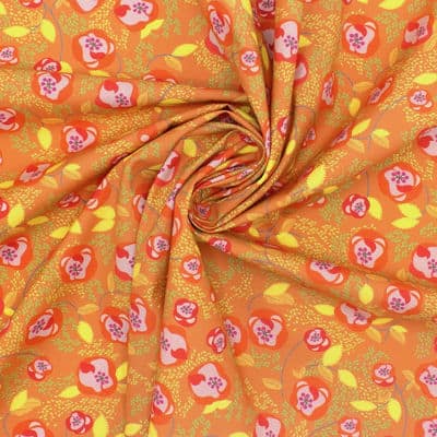 Cotton poplin fabric with flowers - burnt orange