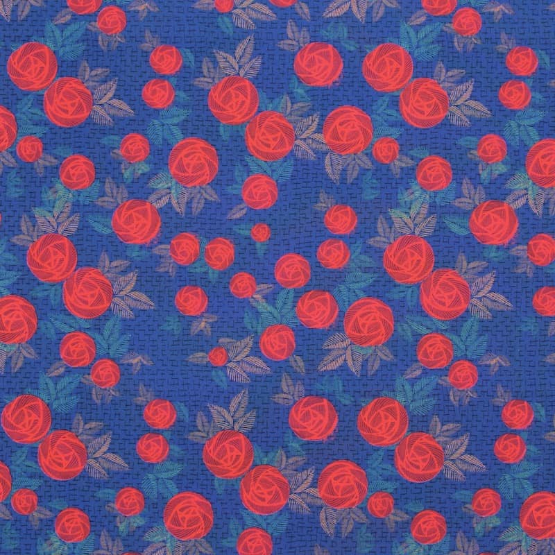 Katoen popeline met rozen - marineblauw