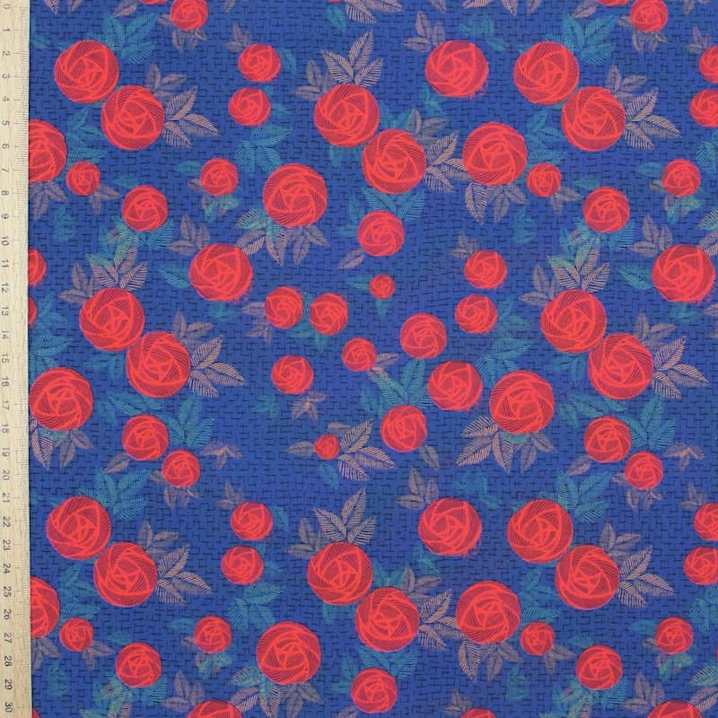 Cotton poplin fabric with roses - navy blue