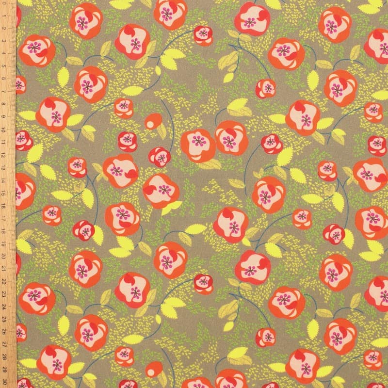 Cotton poplin fabric with flowers - khaki