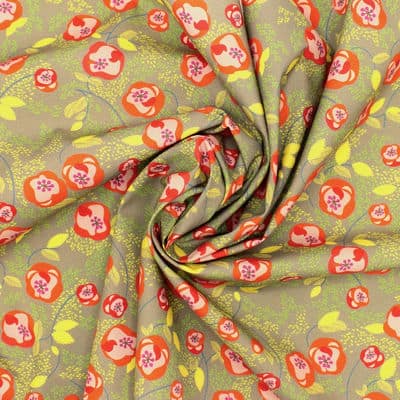 Cotton poplin fabric with flowers - khaki