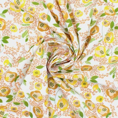 Cotton poplin fabric with flowers - white and mustard yellow