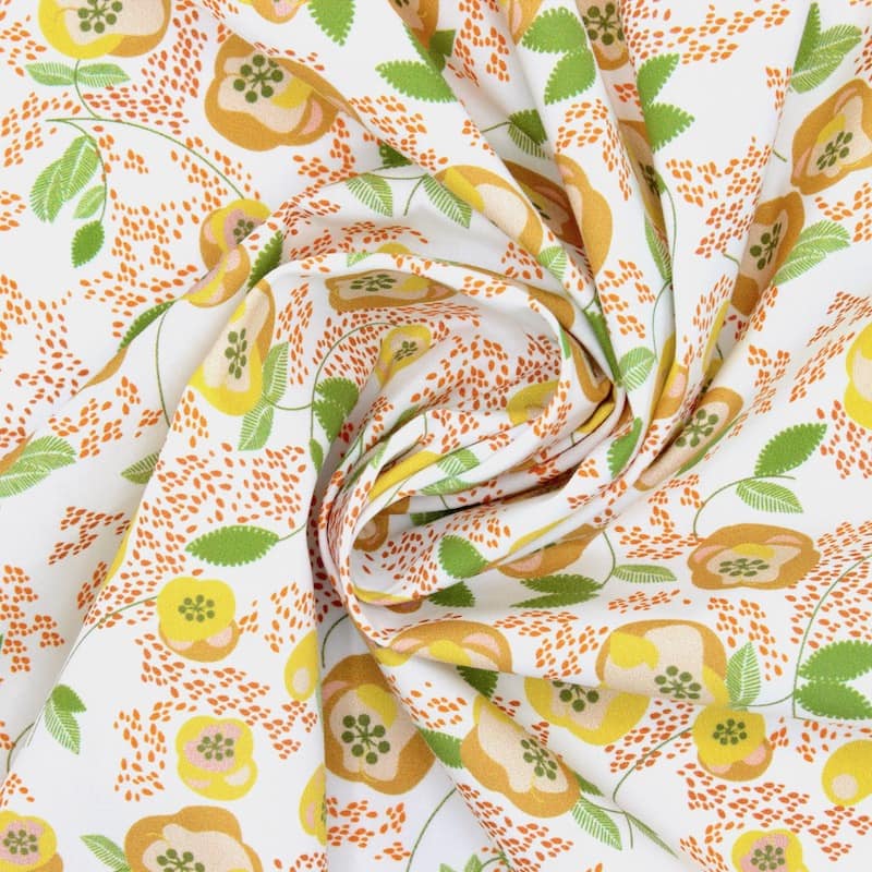 Cotton poplin fabric with flowers - white and mustard yellow