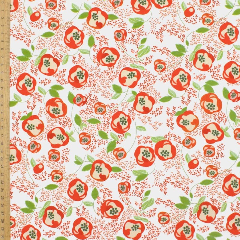Cotton poplin fabric with flowers - white and red