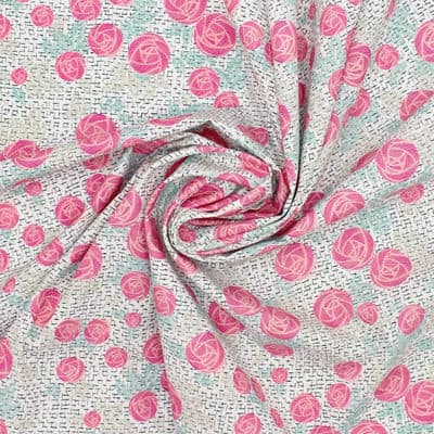 Cotton poplin fabric with roses - white