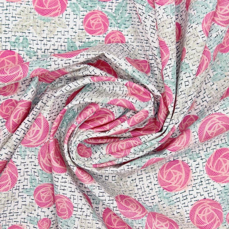 Cotton poplin fabric with roses - white