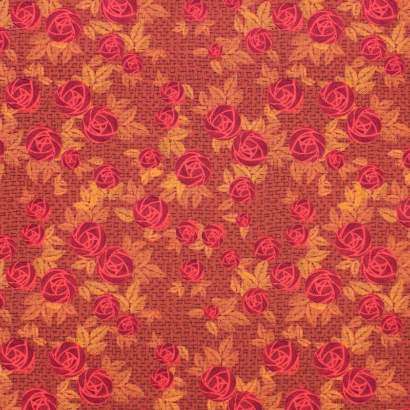 Cotton poplin fabric with roses - rust-colored
