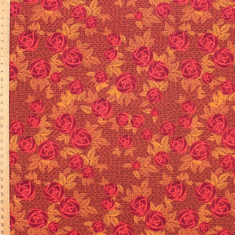 Cotton poplin fabric with roses - rust-colored