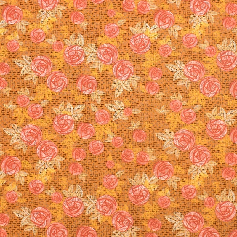 Cotton poplin fabric with roses - burnt orange