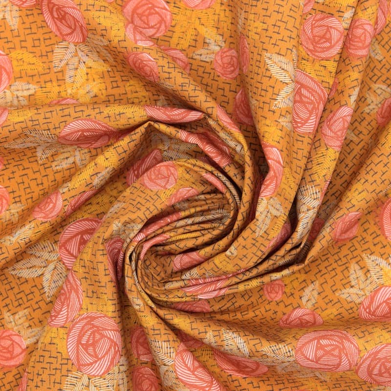 Cotton poplin fabric with roses - burnt orange