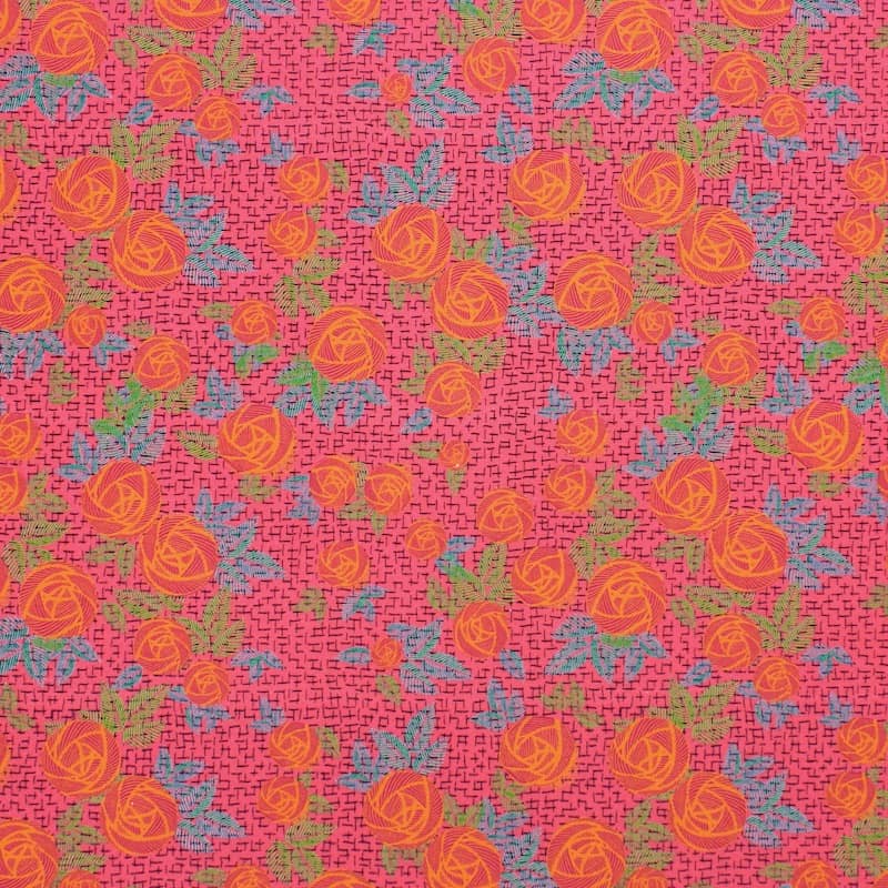 Cotton poplin fabric with roses - fuchsia