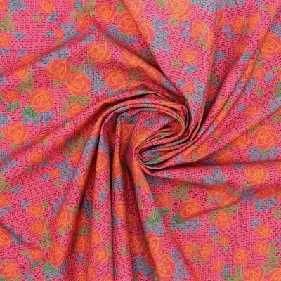Cotton poplin fabric with roses - fuchsia