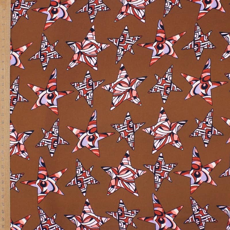 Polyester satin fabric with stars - brown 