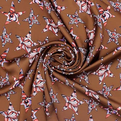 Polyester satin fabric with stars - brown 