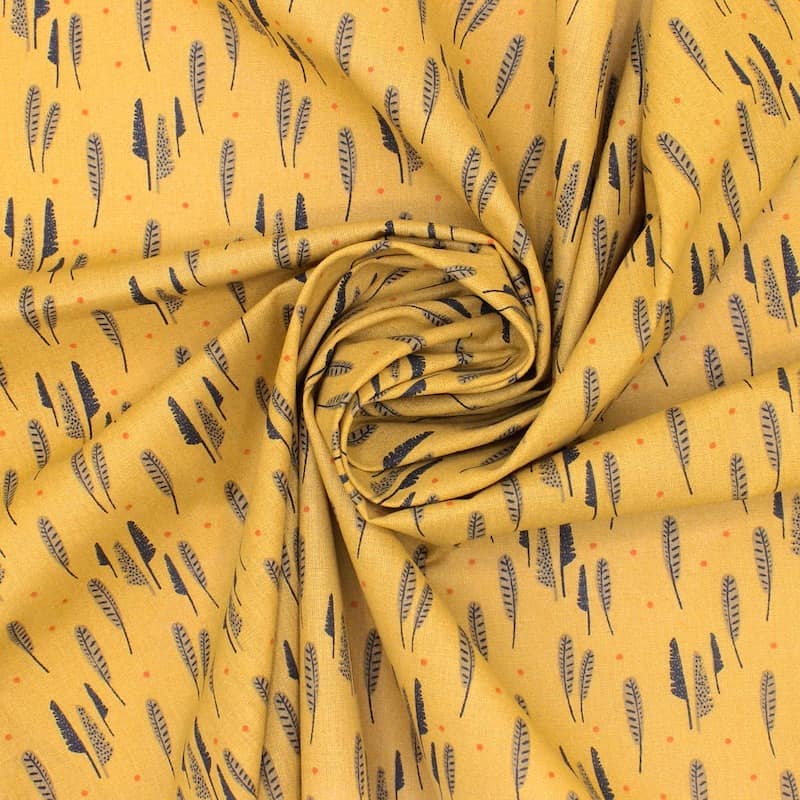 Tissu 100% coton plumes -moutarde